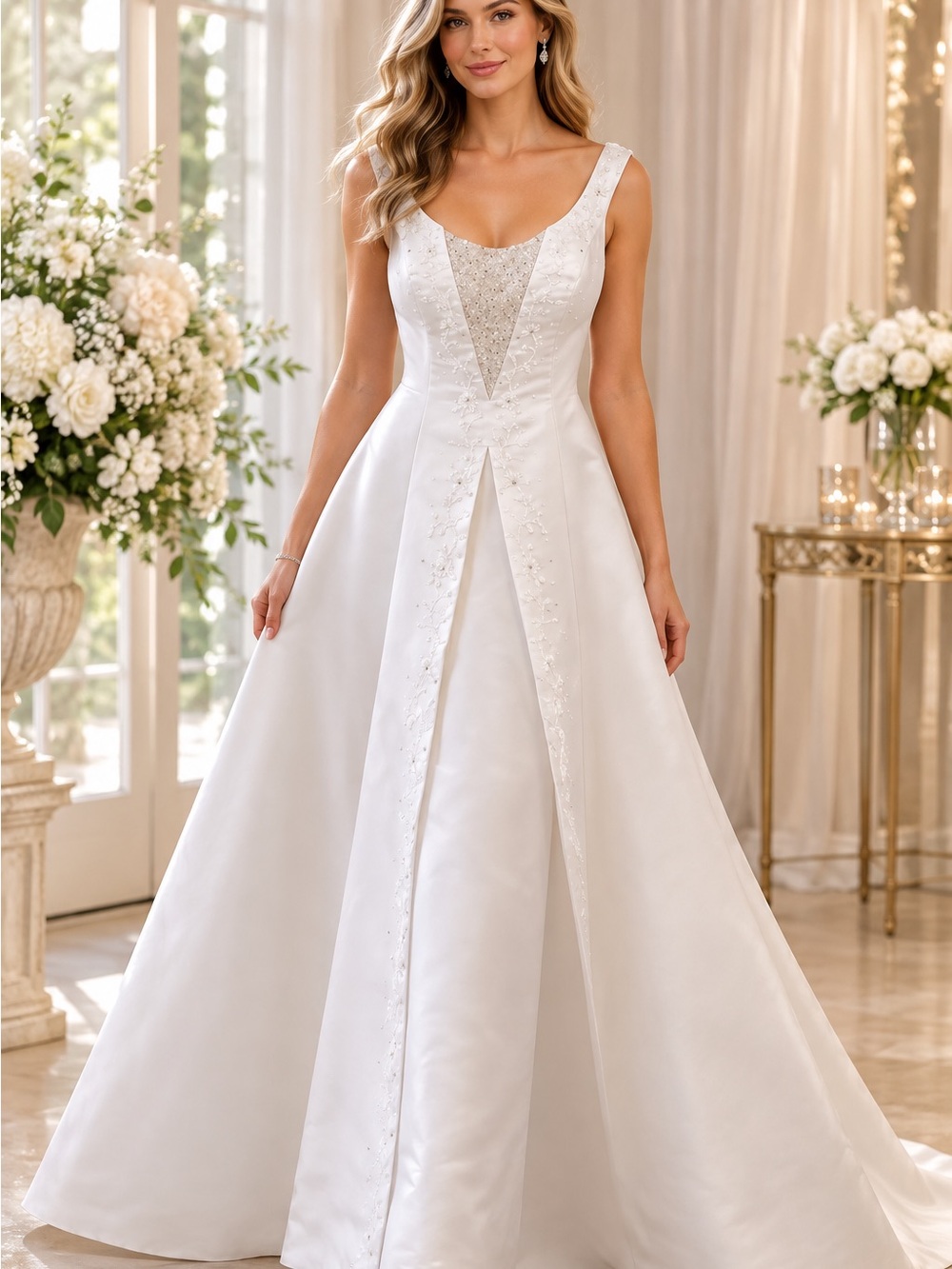 Classic White Satin A-Line Wedding Dress with Embellished Inset